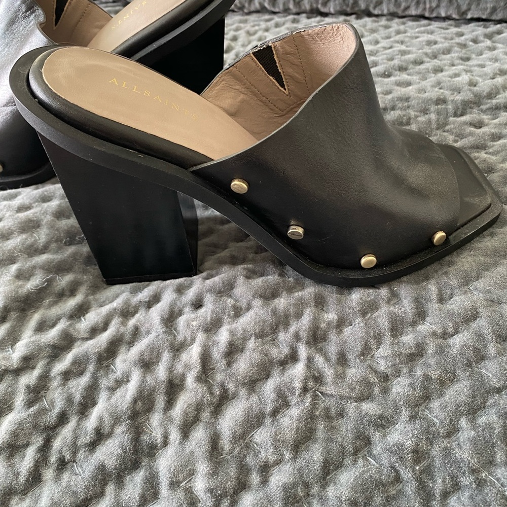 All Saints Black Leather Studded Block Heel Mules Size 7 New
